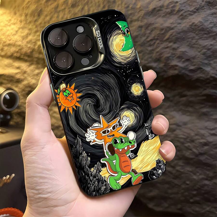 Funda para teléfono con coloridos personajes de dibujos animados sobre un fondo de cielo nocturno cósmico. Compatible con fundas para teléfonos , Apple, VIVO, OPPO, , , y Honor. Fabricada en TPU, ofrece protección contra golpes y caídas. - Negro - Ver 1