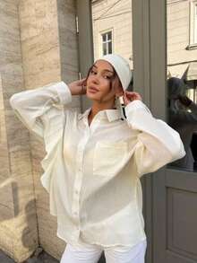 Casual Versatile Women's Loose Beige Semi-Sheer Blouse, Decorated With Ruffle Trim, Long Sleeve Design, Perfect Choice For Autumn Summer - Apricot - View 3