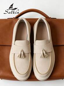 Salkin Minimalist Designer Men's Casual Shoes Authentic Brand Tassel Vintage Style Soft Solid Color Suede Upper Loafers For Men Affordable Luxury For Modern Living Comfortable Moccasin Preppy Student Shoes Thick Height-Increasing Sole Daily Walking Shoes Men Couple Dating Outing Versatile Party Banquet Social Shoes Holiday Gift Suitable For All Seasons - Beige - View 2