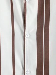 Summer New Men's Vintage Vertical Striped Shirt Collar Set Loose Short Sleeve Top Shorts Casual Wear - Brown - View 7