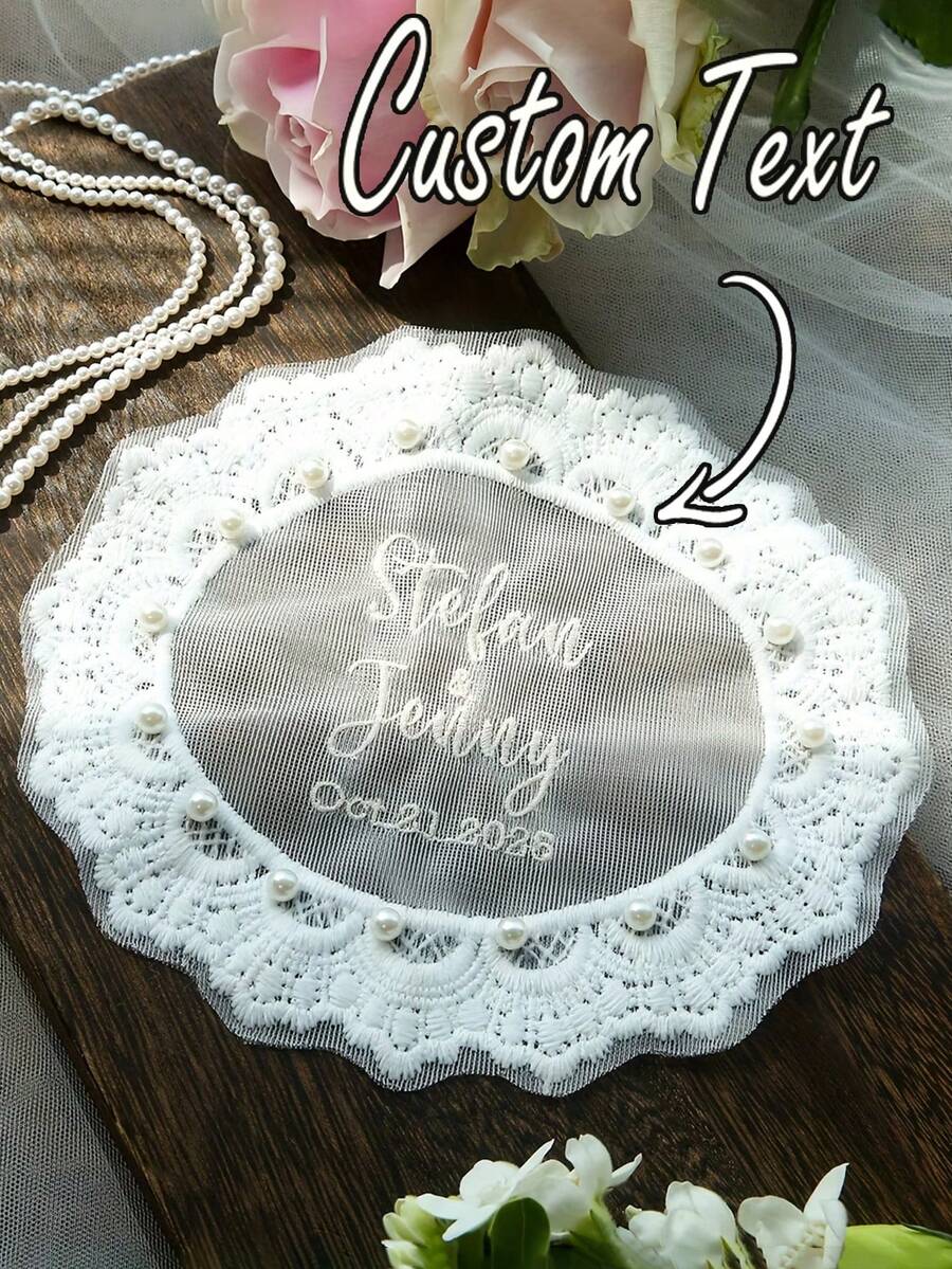 Personalized Bride Name And Date Lace Applique, Customized Name Lace Patch, Customizable Name And Date, Suitable For Wedding Dress, Veil, Clothing DIY And Handmade Crafts, Ideal Wedding Accessory, Bride Gift, Baby Keepsake, Anniversary Decoration, And Special Occasion Handmade Product For Women, Girls And DIY Enthusiasts, Elegant Lace And Pearl Wedding Dress Accessory, Romantic - Multicolor - View 1