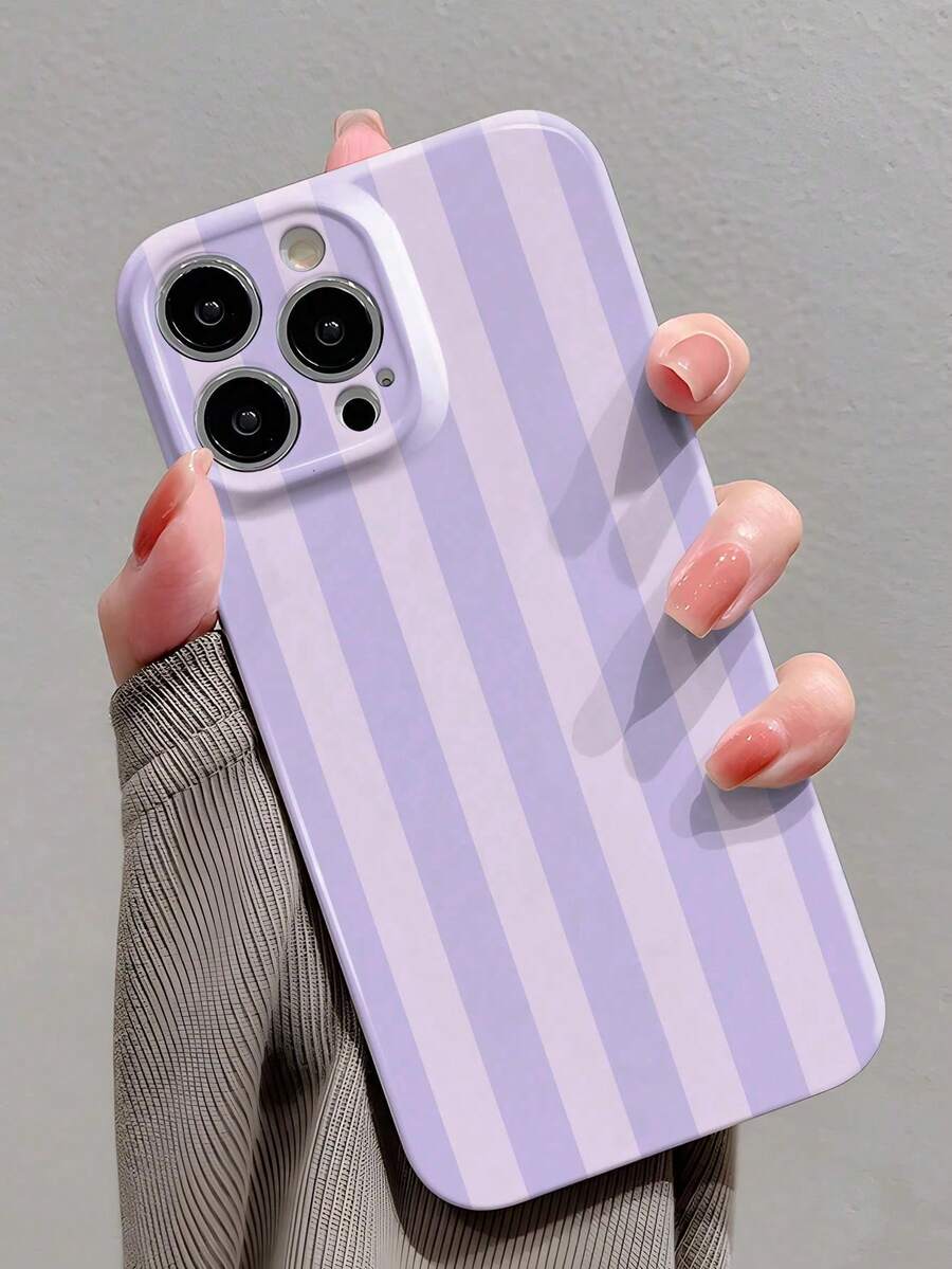 1pc Simple Girly Style Striped Pattern Perforated Glossy Film Case Full Coverage Hard Phone Case For IPhone 11/12/13/14/15/16 Pro Max - Multicolor - View 1