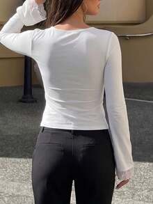 Women Deep V Neck White Lace Tie Front Blouse With Long Flare Sleeves, Knitted Fabric Regular Length Top - White - View 4