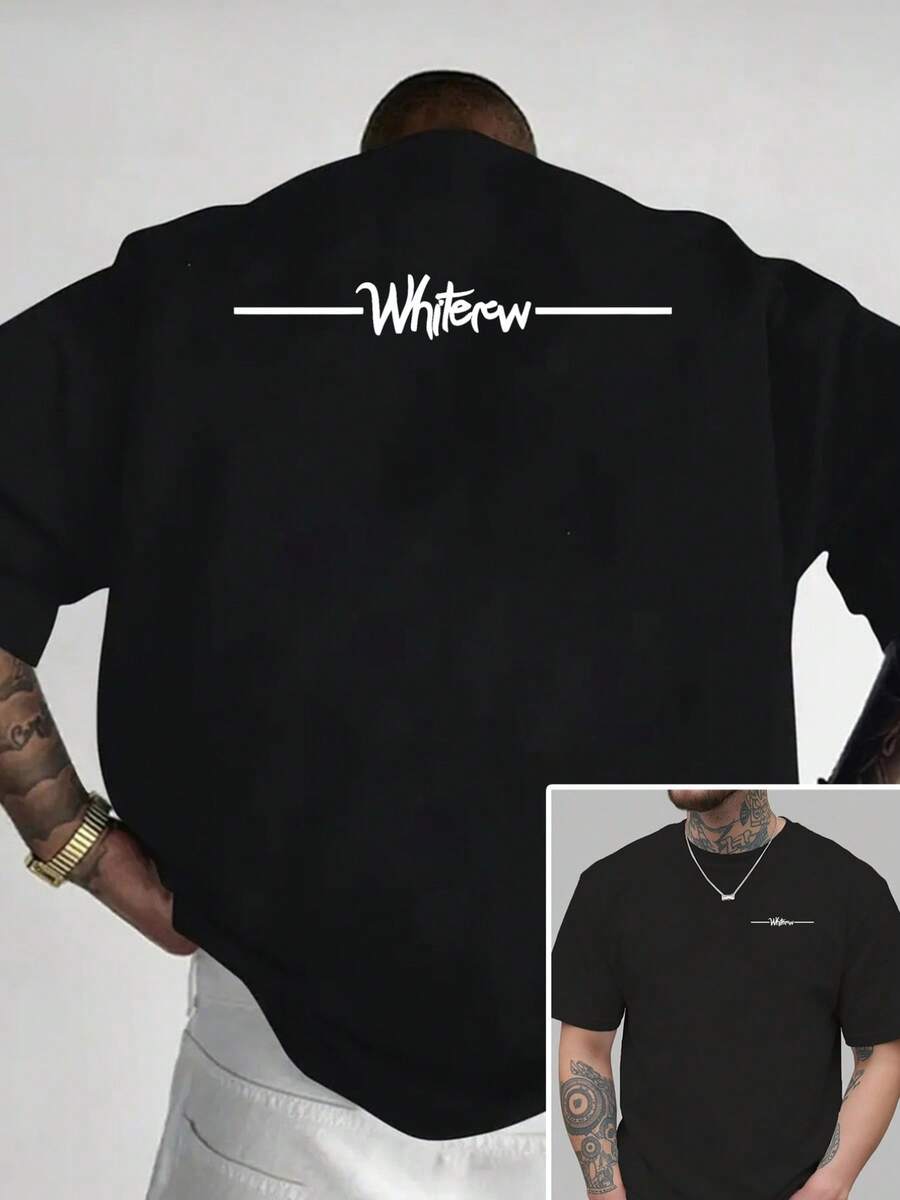 Whiterow, nueva camiseta de cuello redondo para hombre con diseño caligráfico y estampado a doble cara, estilo casual, deportivo, moderno y holgado, para estudiantes y adolescentes, de manga - Negro - Ver 1