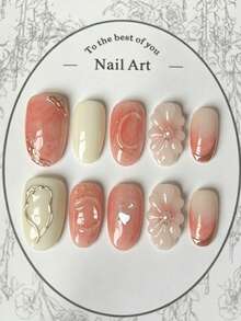 Handmade Press On Nails 10Pcs Short Oval Pink White Gradient False Nails, Elegant 3D Flower Gold Line Heart Rhinestone Cat Eye Design, Reusable Pink Nails For Fall Winter Party Daily, Pink Nail Art Set + Free Tool Kit - 粉色 - 查看 3