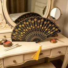 Sequined Embroidered Folding Hand Fan With Tassel, Spanish Style Dance Fan For Party Wedding Cosplay Decor - Black-shafted Sequined Folding Fan - View 10