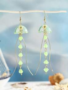 1Pair Ocean Theme Jellyfish Tassel Drop Earrings, Unique Transparent Beaded Earrings For Vacation & Daily Wear - Light Green - View 4