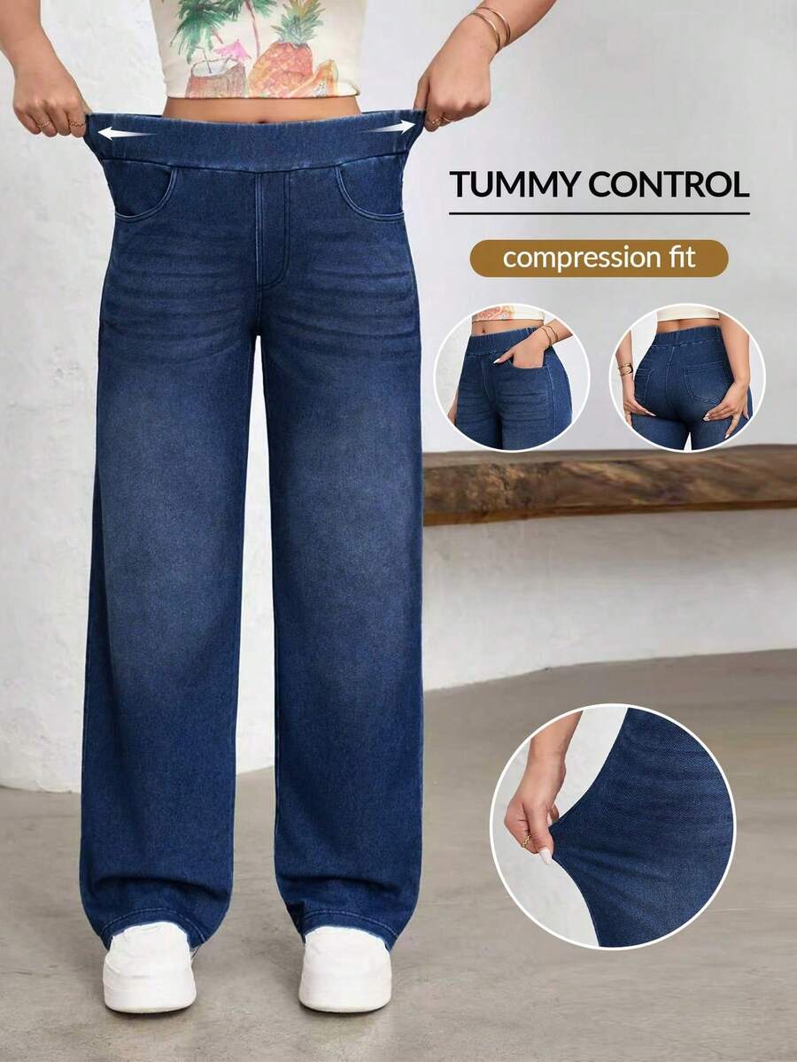 Women's Wide-Leg Jeans, Casual Sporty Style, With Elastic Waistband - Blue Mist - View 1