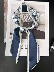 1件女款春夏季仿絲印花緞帶裝飾絲巾，多功能配件，可用於頸部、包袋綁帶、髮帶，適合日常穿搭 - 彩色 - 查看 2