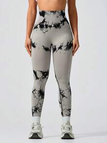 26AW Nouveau Legging de Sport Yoga Fitness Femme Tie-Dye Taille Haute Effet Pêche, Pantalon Sculptant Taille Côtelée, Pantalon de Cyclisme Extérieur, Pantalon Serré Respirant à Séchage Rapide et Anti-Humidité, Pantalon de Course, Entraînement, Legging de Sport Polyvalent Gris, Port Toutes Saisons, Tenue Nouvel An, Coupe du Monde - Gris pâle - Voir 2
