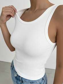 1件女款純色無袖極簡主義背心，中度彈性，適合夏季 - 白色 - 查看 3