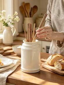 Minimalist White Resin Chopstick And Utensil Holder, Nordic Style Kitchen Utensil Rack With Wooden Tray, Multifunctional Knife Fork Spoon Storage Rack Suitable For Home Kitchen, Dining Table, Coffee Shop, Bistro, Countertop Organization, Table Decoration, Durable Resin Material, Easy To Clean, Perfect For Daily Kitchen Use And Tabletop Display - Multicolor - View 2
