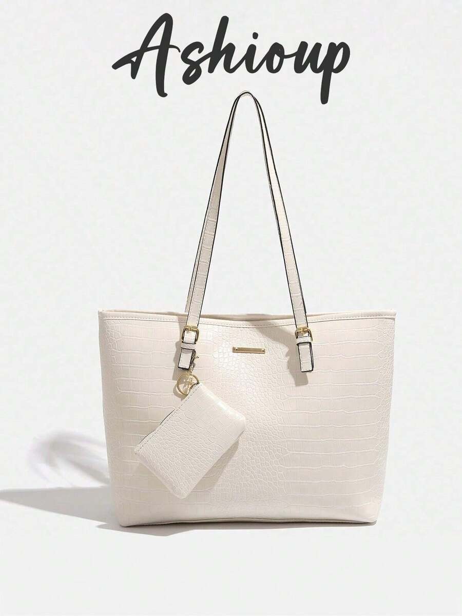 2024 European And American New Women's Handbag Cross Grain Simple Fashion Tote Shoulder Bag - White - View 1