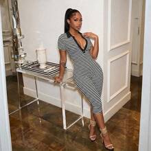 Red Striped Lapel Short Sleeve Skinny Jumpsuit For Work Tight-Fitted 7/8 Length Romper, A Hot-Girl Essential Rompers Rompers For Women Summer - Black - View 2