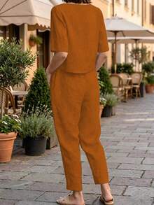 Women's Round Neck Solid Color Casual Long Sleeve T-Shirt And Long Pants 2-Piece Set Summer - Orange - View 2
