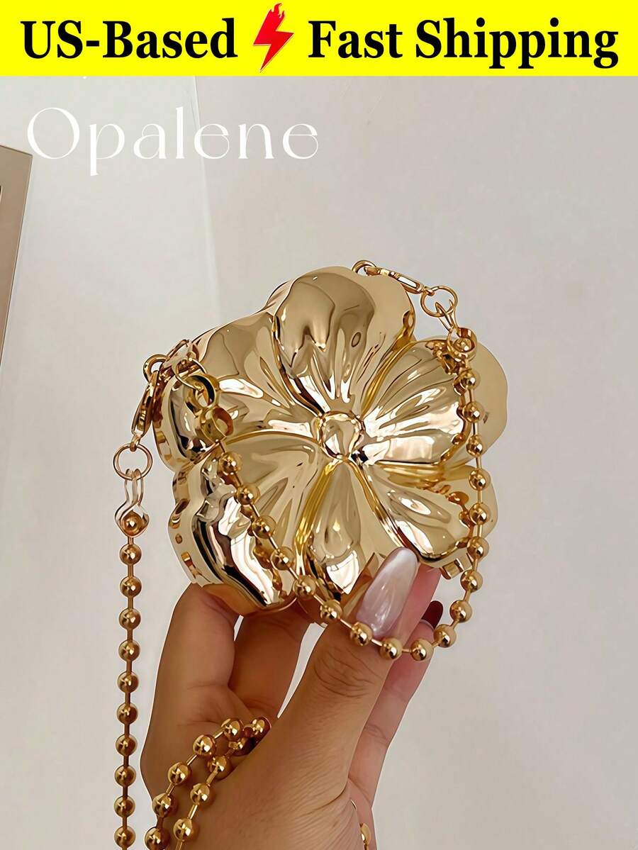 Elegant Mini Flower Shaped Metallic Evening Bag For Women Chain Gold Purse Y2k Travel Shoulder Crossbody Bag Outdoor Beach Handbag For Wedding Prom - 彩色 - 查看 1