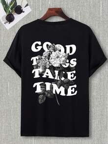 Camiseta de manga corta para hombre, con estampado floral y de letras, para primavera, verano y otoño, cómoda y casual, adecuada para salidas informales y vacaciones,% poliéster, l - Negro - Ver 3