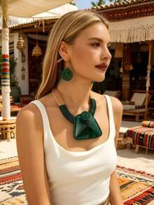 Exaggerated Multi-Layer Handmade Heavy Work Woven Beaded Resin Fashion Vintage Bright European American Bohemian Grant African Korean Middle Eastern Party Vacation Beach Square Necklace And Earrings Set - Green - View 1