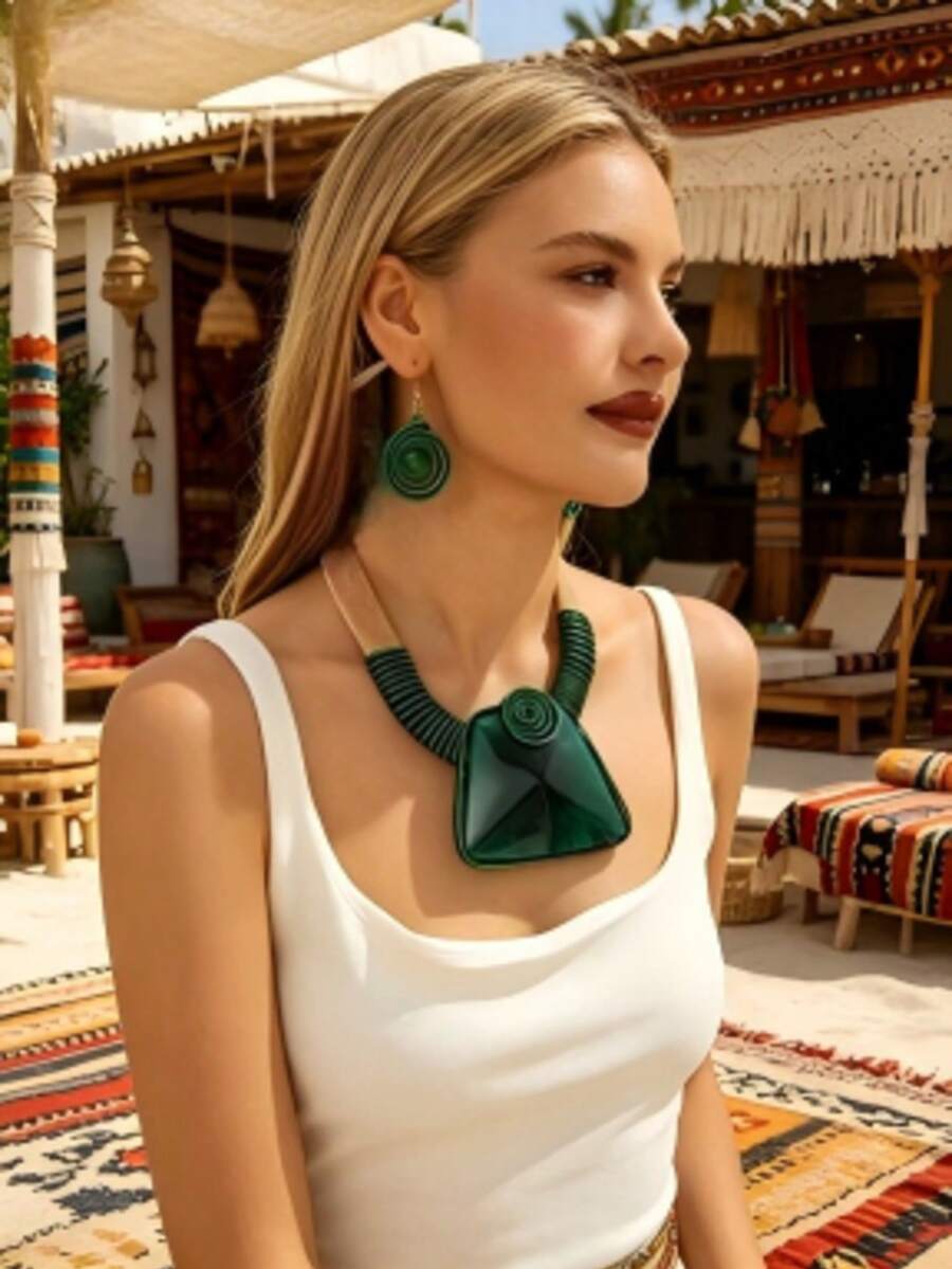 Exaggerated Multi-Layer Handmade Heavy Work Woven Beaded Resin Fashion Vintage Bright European American Bohemian Grant African Korean Middle Eastern Party Vacation Beach Square Necklace And Earrings Set - Green - View 1