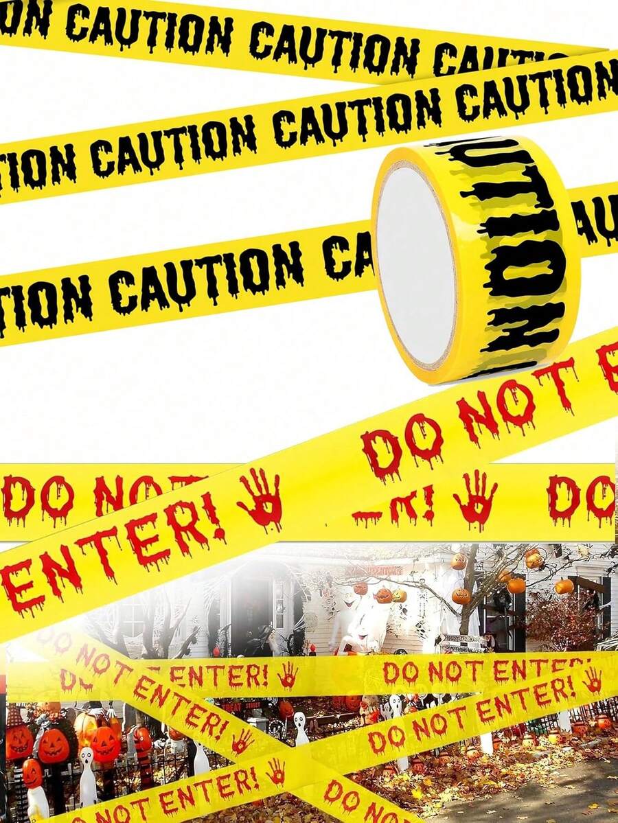 1pc Halloween Caution Tape - Blood-Splatter & Handprint Design, Bright Yellow With Red Drip "DO NOT ENTER" Text - Horror Party Decor, Haunted House Warning, Spooky Event Security Barrier, Halloween Decorations, Haunted House Decor - Multicolor - View 1