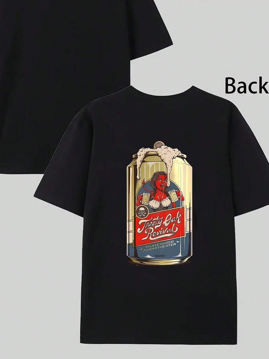 Camiseta de hombre de cuello redondo a la moda con un llamativo estampado gráfico de doble cara. | Camiseta casual de verano, lavable aáquina, estilo urbano, negra, corte regular, bajo a - Negro - Ver 1
