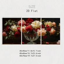 3 Stücke Set klassische Ölmalerei Windglas Vase Blumen Leinwandposter, europäischer Retro-Malstil, geeignet für Wohnzimmer Sofa Hintergrundwand, Esszimmer, Arbeitszimmer, Büro Wandkunst Dekoration optionaler Rahmen - Mehrfarbig - Übersicht 3