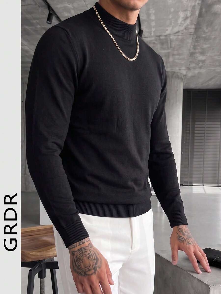 Men's Casual Solid Color Turtleneck Sweater, Autumn/Winter - Black - View 1
