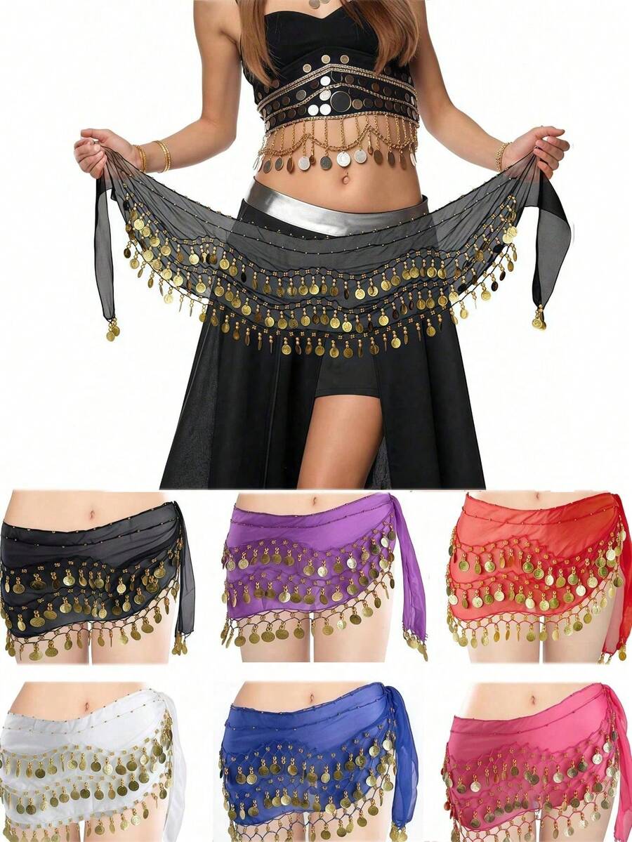 128pcs Coin Music Festival Waist Chain, Belly Dance Hip Scarf, Soft Belly Dance Skirt, Sequin Skirt, Suitable For Star Performance, Ballet Stage Performance, Bohemian Style, Halloween Women's Outfit, Party Carnival Nightlife Beach Wear Accessory