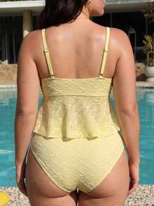 Swim Mod Conjunto de tankini de talla grande para mujer con tirantes finos y acentos florales en amarillo, adecuado para la playa y la en primavera/v - Amarillo - Ver 3