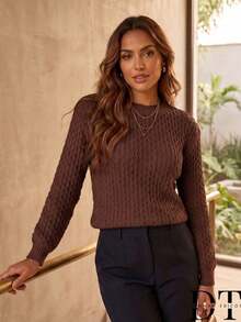Women's Honeycomb Knit Sweater, Long Sleeve, Round Neck, Ribbed Cuffs, Winter Knit - Rust Brown - View 1
