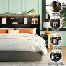 Double Headboard With LED Lights And Sockets For Bed - Black - View 5
