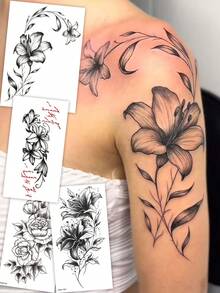 4pcs Sexy Floral Temporary Tattoo Stickers, Black Ink Fine Line Realistic Lily Flower Pattern, English Words, Suitable For Arms, Legs, Chest, Back, DIY, Daily Tattoo, Party, Holiday Gift, Body Art, Waterproof Realistic Body Temporary Tattoo Stickers - Black - View 12