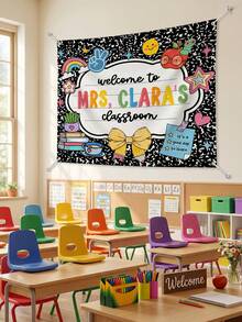 1pc Custom Text Welcome To Classroom Tapestries, Personalized Teacher Name Tapestry, Back To School Gift, Classroom Welcome Sign - Multicolor - View 3