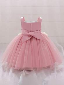 Baby Girls Sleeveless Pink 3D Floral Mesh Cute Flower Girl 1st Birthday Party Puffy Princess Dress, Headband Not Included - Dusty Pink - View 2