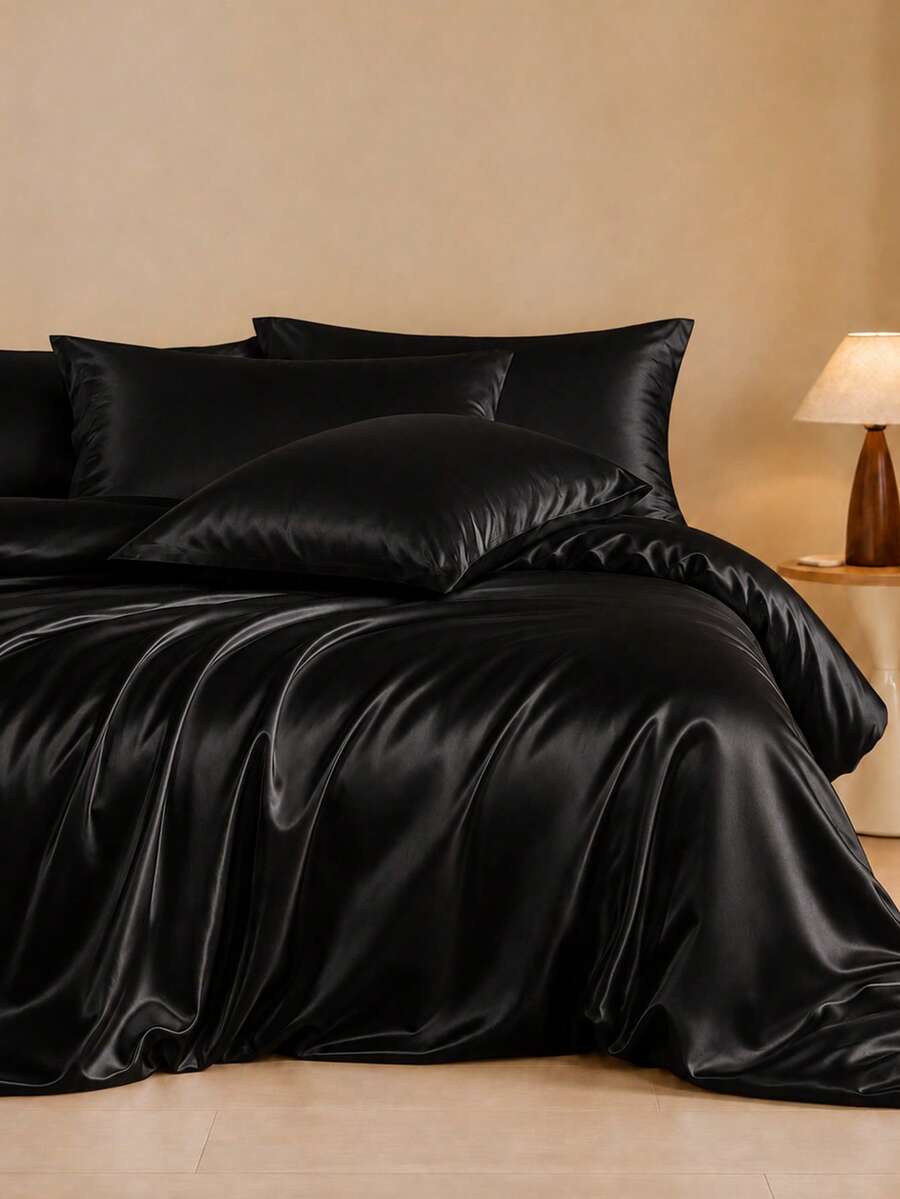 3pcs Luxury Satin Duvet Cover Bedding Set, Silky Lightweight & Breathable Fabric For Cozy Sleep. Minimal Stylish Design With Zipper Closure And Inner Corner Ties. Available In Double/Full/Queen/King Sizes, All-Season Practical Home Bedding. - Black - View 1