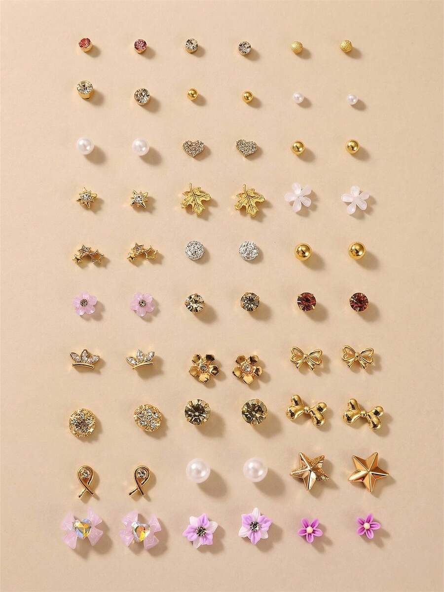 NAIZHU 30 Pairs/Set European And American Fashion Floral Heart Bow Faux Pearl Metallic Earring Set For Women, Suitable For Daily Wear, Dating And Gifts - Multicolor - View 1