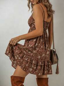 Bohemian Print Cami Dress, Sleeveless Short Layered Ruffle Cami Dress, Plus Size Summer Fashion Vacation Elegant Brown - Brown - View 3