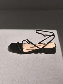 NobleVue صنادل نسائية ذات كعب سميك وأشرطة متعددة، صنادل أنيقة ذات أشرطة للكاحل باللون الأسود، ملابس ربيعية وصيفية - الأسود - مشاهدة 2