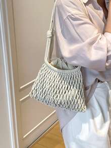 2026 Woven Net Bag Shoulder Bag Colorful Stone Beads Embellished Lattice Vacation Handbag Design Drawstring Inner Pocket Women's Bag - White - View 4