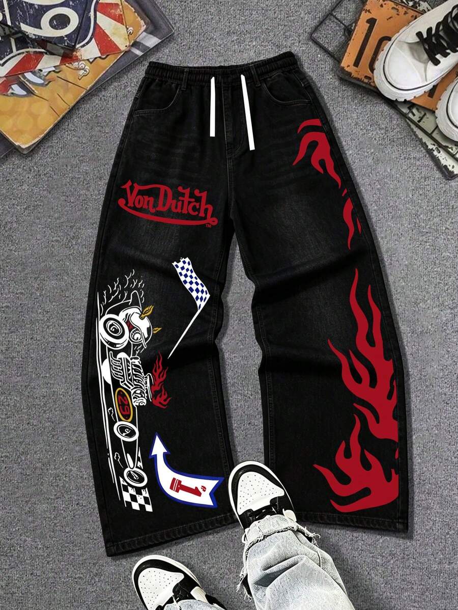 Von Dutches Racing Flame Printed Straight Leg Jeans, Cool Motorcycle Street Style, Fashionable Personality, Street Hip-Hop Outfit, Suitable For Work, Commuting, Stage Performances, Parties, Outdoor Clothing Y2K, Men's Summer Pants, Father's Day Gifts - 黑色 - 查看 1