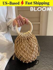 1pc Woven Round Hollow Boho Tote Bag, Wooden Handle Drawstring Bucket Bag For Summer Beach Vacation Daily Bags For Women Bolsos Para Mujer - 彩色 - 查看 2