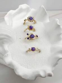 imoli 4pcs/Set Bohemian Beach Vacation Sun Moon Star Purple Faux Gemstone Sun Rhinestone Faux Amethyst Open Ring Set Stackable Rings, Perfect Gift For Travel, Friends And Besties - 32755-ring-purple-eP - View 3