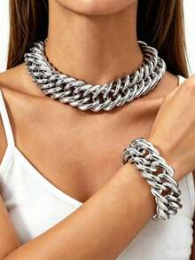 2pcs Vintage Punk Old Coin Style Iron Chain Necklace, Exaggerated Hip-Hop Cuban Link Geometric Clasp Choker Necklace, Party Gift For Women - Necklace Set - View 7