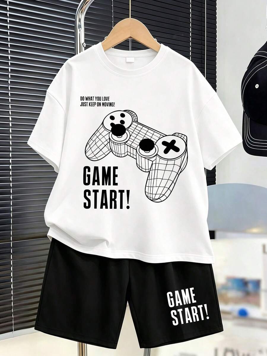 2件組青少年男童套裝圓領短袖T恤印有遊戲控制器圖案+短褲夏季休閒男童套裝 - 白色 - 查看 1
