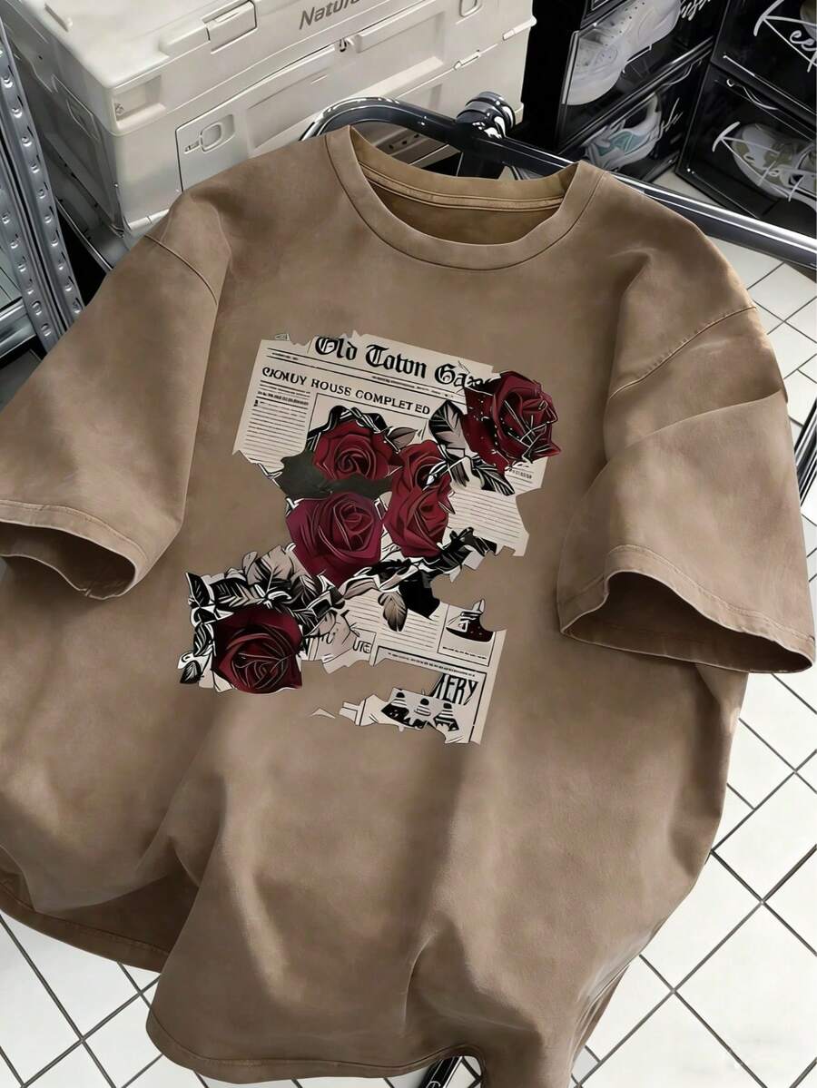 Casual, Everyday Outfits, Classic Retro Women's Clothing, Comfortable Short-Sleeved Tops For Spring, Summer, Autumn And Winter - Unisex Everyday Campus Wear For Women And Men. - 棕色 - 查看 1