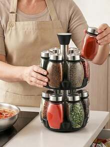 Versatile 360° Rotating Spice Rack Organizer Space-Saving Thick 2-Tier Seasoning Carousel Stand For Culinary Lovers Solid Herb Condiment Holder Set Great For Kitchen Island With 12 Empty Jars Kitchen Organization And Storage Spice Racks - Multicolor - View 2