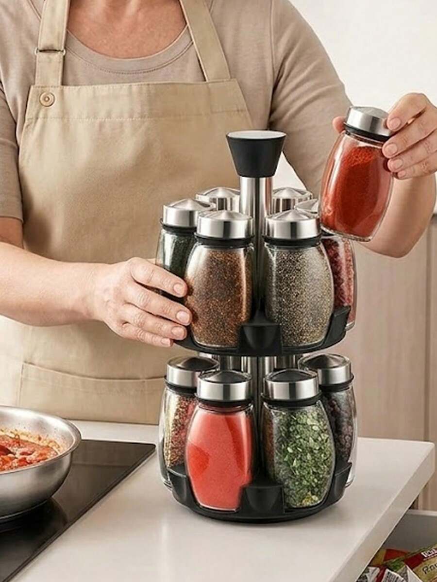 Versatile 360° Rotating Spice Rack Organizer Space-Saving Thick 2-Tier Seasoning Carousel Stand For Culinary Lovers Solid Herb Condiment Holder Set Great For Kitchen Island With 12 Empty Jars Kitchen Organization And Storage Spice Racks