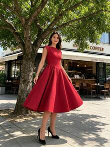 Women's Boat Neck Cap Sleeve Midi Dress, Corset Waist A-Line Flare Dress, Elegant Formal & Bridesmaid Dress - 酒紅色 - 查看 5
