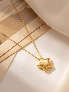 1 pieza Collar minimalista de estrella de cinco puntas estilo europeo y americano, collar artístico vintage con colgante de estrella para la clavícula, adecuado para uso diario y como regalo - Dorado - Ver 5