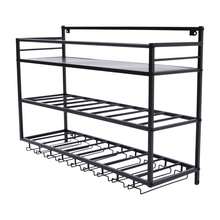 YUNRUX Wall-Mounted Wine Rack With Glass Holder, Metal Bottle Rack With 3 Tiers For 9 Bottles, Wine Stand With Cup Shelf, Suitable For Kitchen, 31.5 * 9.8 * 21.6 Inches - 黑色 - 查看 1